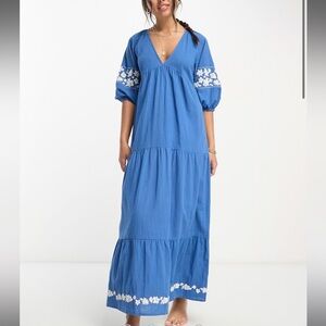 Accessorize maxi embroided beach summer dress in cobalt blue